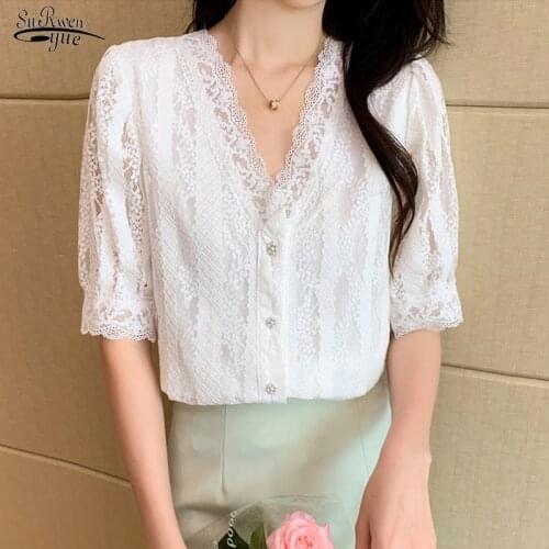 Summer New 2021 Vintage Short Sleeve Womens Shirt V-neck Solid Ladies Tops Korean Chic Crochet Lace Chiffon Blouse Women 14079