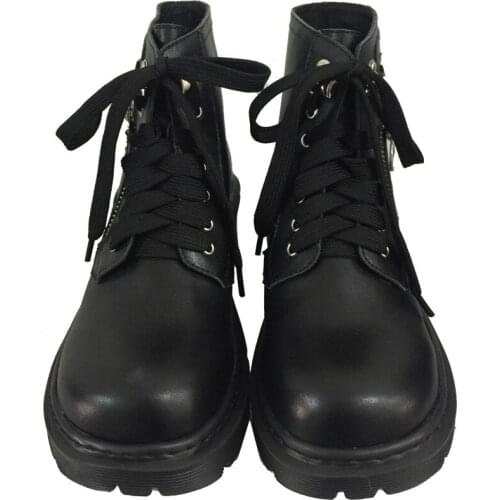 Autumn Winter Womens Black White Ankle Boots Med Heels Lace Up Shoes Round Toe A2