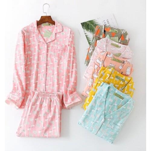 Women Pajamas Set Autumn Winter Long-sleeved Trousers Sleepwear 100% Cotton Home Wear Knitted Printing Cartoon Cardigan Pyjamas