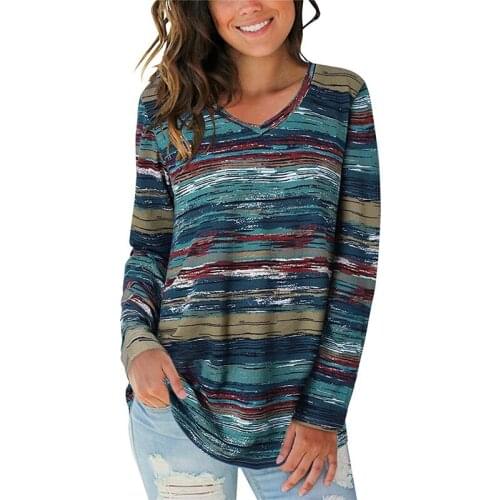 Vintage Pullover Y2K Women V Neck Loose T-shirt Tie Dye Striped Oversized 3XL Autumn Long Sleeve Top Tee