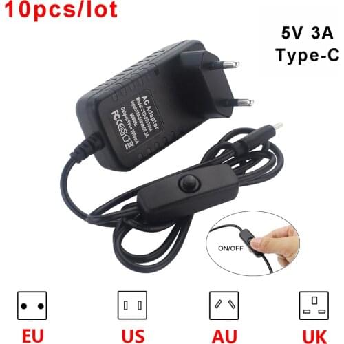 10pcs/lot Raspberry Pi 4 Model B Power Supply 5V 3A USB-C Powr Adapter with ON/OFF Switch Charger for Raspberry Pi 4 B