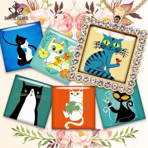 12mm /18mm /20mm Big Size Square Graceful Cat Photo Glass Cabochon Mixed Pattern Fit Cameo Base Setting for Jewelry Flatback