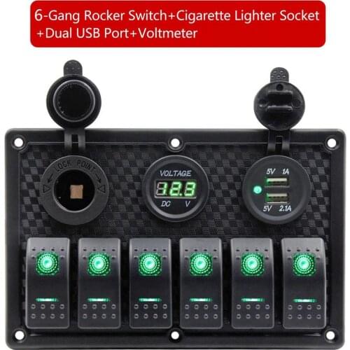 12V-24V 240W 6 Gang Green LED Rocker Switch Panel Dual USB Cigarette Lighter Socket Voltmeter Switch Panel Circuit Breaker