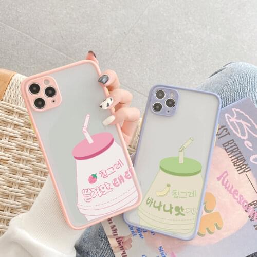 Cute Korea Banana Milk Strawberry Drink Phone Case For iPhone 11 12 Pro XS MAX 7 SE20 XR X 8 6Plus Couple Clear Hard Back Cover