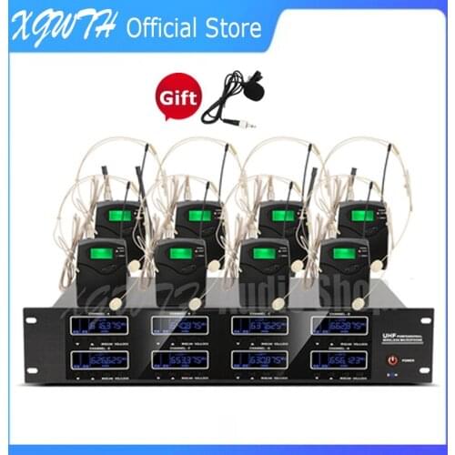 UHF True Diversity Digital Adjustable Frequency 8 Wireless Microphone System Headset Lavalier Lapel Cordless Mic 8 x 100 Channel
