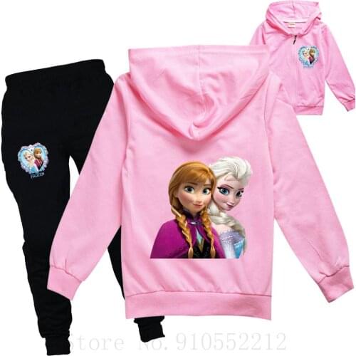 Disney Frozen Cartoon Hoodies Kids Sweatshirts 2pcs Set Baby Toddler Girls Zipper Coat + Pants Elsa Clothes Casual Sportswear