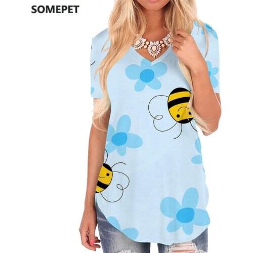 SOMEPET Bee T-shirt women Animal Tshirts Printed Lovely T-shirts 3d Flower V-neck Tshirt Womens Clothing Fashion Cool New