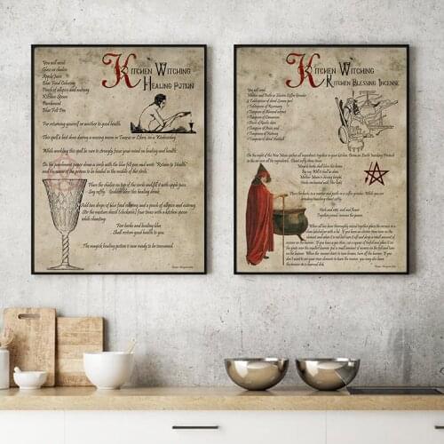 Kitchen Witching Prints Vintage Healing Potion Book of Shadows Poster Kitchen Blessing Incense Canvas Painting Wall Art Pictures