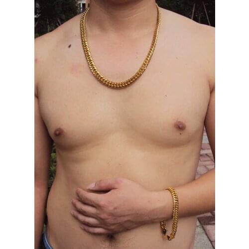 MENS HEAVY GOLD GF CUBAN LINK CHAIN BRACELET NECKLACE SET Real people model