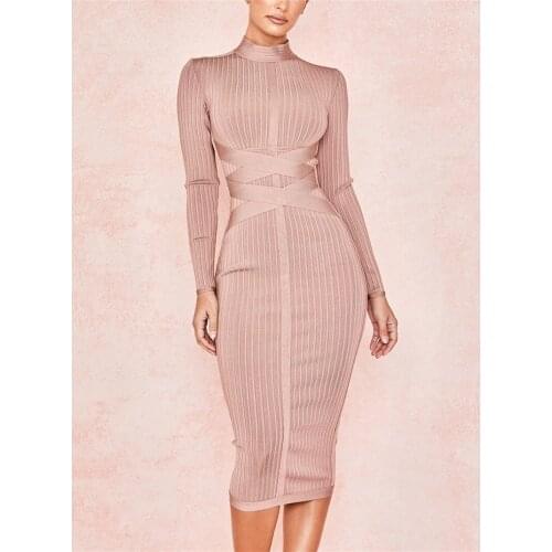 Newlife Khaki Celebrity Long Sleeve Over Knee Sexy Womens Bnadage Dresses Night Party Dresses Formal Dress