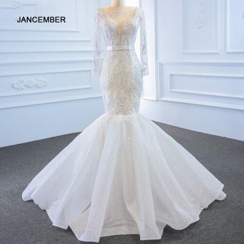 RSM67043 White Tight Fishtail Applique Print Banquet Wedding Formal Dress 2021 Pearl Decoration Transparent Long Sleeve Skirt