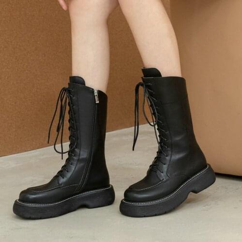 Spring Autumn Ladies Leather Knight Boots Fashion Platform Zipper Mid Calf Boots Winter Increase First Layer Cowhide Women Shoes