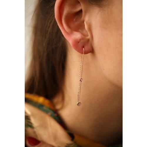 İzla Design Double Zircon Cubic Zirconia Dangle Model Rose Silver Earrings