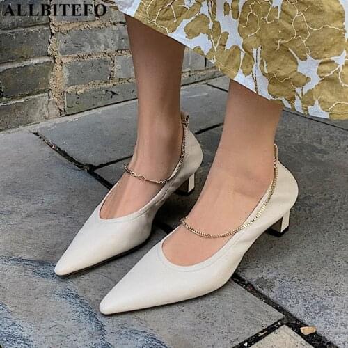 ALLBITEFO Fold design comfortable soft genuine leather women heels shoes fashion leisure office work high heel shoes high heels