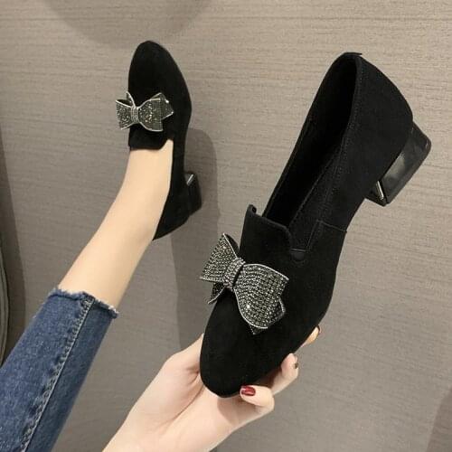 3cm Women Pumps Black Flock Boat Shoes Low heels Dress Shoes Bling Butterfly Knot Slip on Shoe Ol Office Ladies Shoes