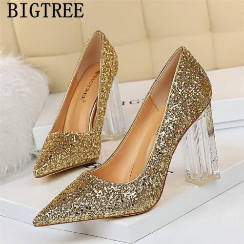 Glitter Heels Transparent High Heels Square Heels White Big Size Women Shoes Black Pumps Women Shoes Gold Bridal Shoes Sapatos