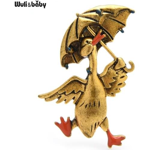 Wuli&baby Vintage Taking Umbrella Duck Brooches For Women Unisex 2-color Happy Walking Duck Animal Party Casual Brooch Pin Gifts