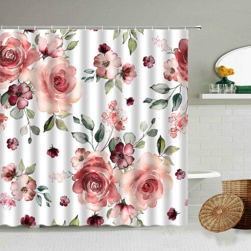 Rose Flower Shower Curtain Floral Watercolor Pastoral Style Pink Blue Purple Home Bathroom Deco Waterproof Curtains With Hook