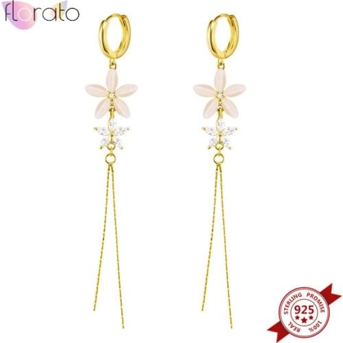 925 Sterling Silver Ear Buckle Drop Earrings For Women Crystal Flower Wedding Engagement Bridal Tassel Long Dangle Earrings