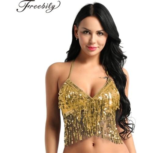 Fashion Women Halter Bra Top with Sequins Tassel Latin Belly Dance Bra Top Costume Club Party Festival Rave Dance Sexy Crop Tops