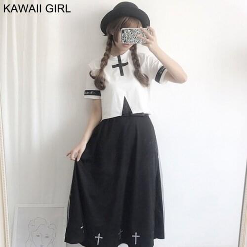 2020 Women Japanese Sweet Lovely Kawaii Suits Harajuku Cross Embroidery Short Sleeve T-Shirt +Long Mesh Patchwork Skirts Suits