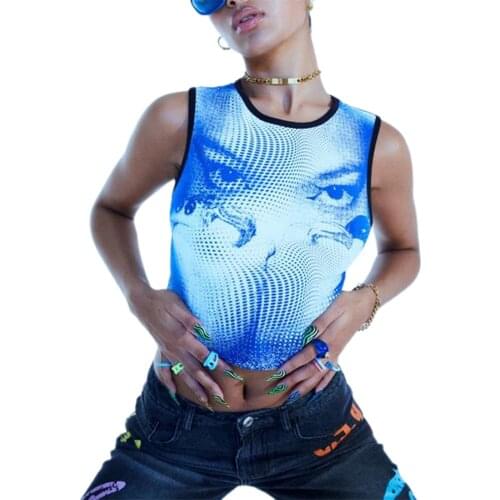 Womens Summer Personality Printing Vest Polyester Causal Round Neck Exposed Navel Sleeveless Tops