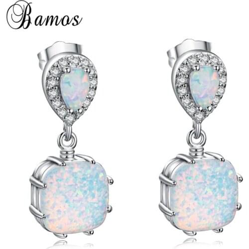 Bamos Female Geometric Stud Earring White Fire Opal Earrings Silver Color Jewelry For Women 2018 New Year Gifts