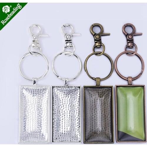 25x50mm Zinc alloy DIY Key Chain Pendant kits Rectangle Pendant Trays Split Rings Glass Cacbochon,sold 5pcs/set