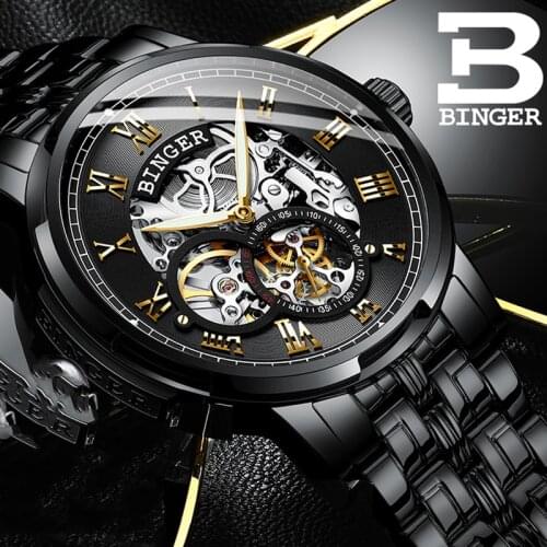 Swizerland BINGER Brand Watches MMen Mechanical Skeleton Wrist watches Fashion Casual Automatic Watch Black Steel Band relogio