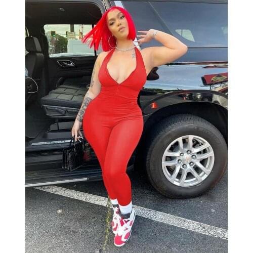 Black Orange Red Halter Deep V Neck Sleeveless Sexy Jumpsuit Womens Front Zipper Bodycon Long Romper One Piece Casual Playsuits