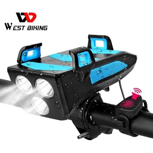 WEST BIKING 4 In 1 Bike Lamp Front Horn Light Phone Holder Alarm Bell Power Bank MTB Bike Accessories Cycling LED Flashlight