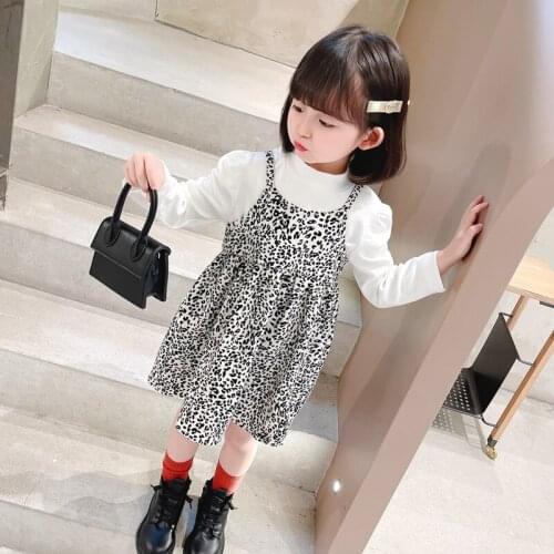 2021 Korea style girls 2 pcs set leopard vest dress+t shirt autumn cotton kids suit 1-7 years