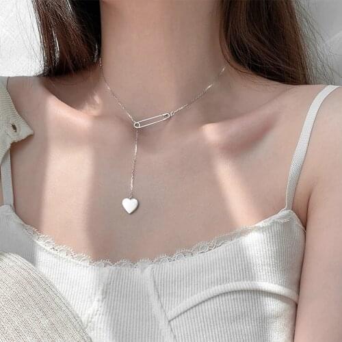 925 Sterling Silver Long Heart Shape Charm Pendant Choker Necklace For Girl Women Statement Jewelry dz457