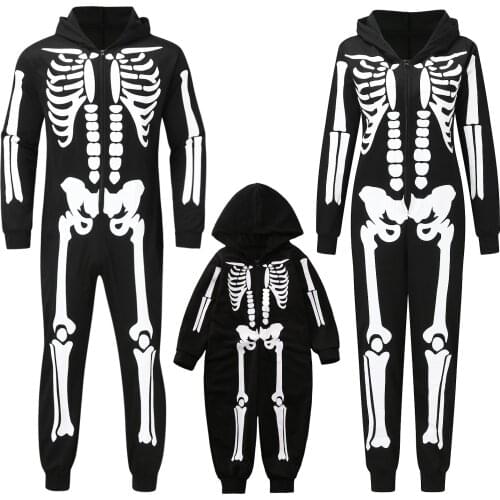 Halloween Family Matching Outfits Fashion Skeleton Print Hooded Jumpsuit Pajama Family Look Father Mother Kids Halloween Costume