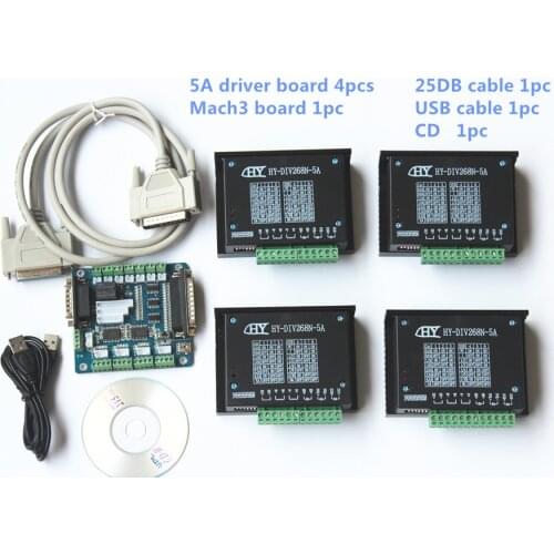 MACH3 CNC Router 4Axis Kit TB6600 4 x HY-DIV268N-5A 0-5A Stepper Motor Driver board +one 5 axis breakout board+parallel cable+CD