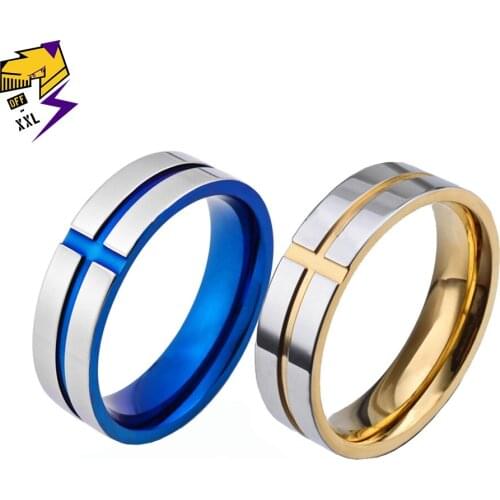 Fashion Classic Faith Religious Cross Rings Men Jewelry Blue Titanium Steel Silver Gold Color Wedding Finger Ring for Women