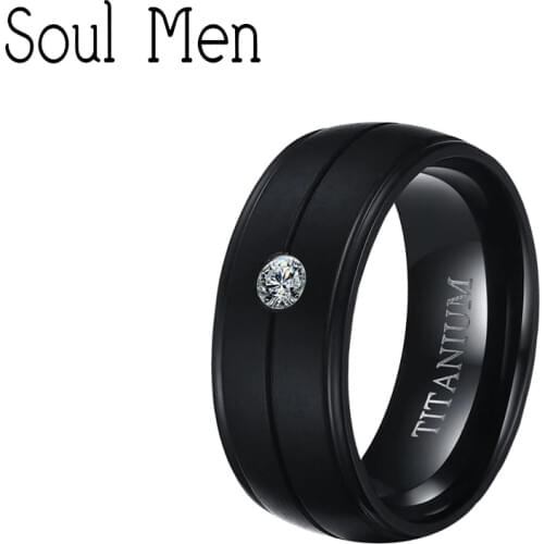 Soul Men Black Brushed Groove Center Pure Titanium Ring AAA Cubic Zirconia Inlay for Men Women Wedding Band Engagement Jewelry