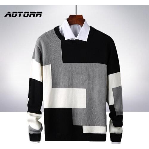 2021 New Autumn Winter Mens Sweater Men O-Neck Patchwork Casual Fashion Sweater Male Slim Fit Brand Knitted Pullovers Clothing