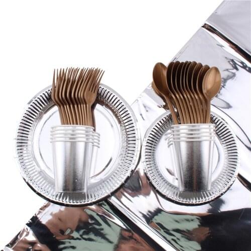 51Pc/Set Silver Hot Stamping Theme Disposable Tableware Baby Shower Birthday Decoration Plate Napkins Tablecloth Party Supplies