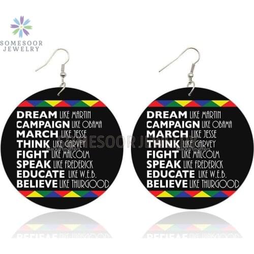 SOMESOOR Black Dream Think Fight Educated African Wooden Drop Earrings Both Sides Printed Power Sayings Design For Women Gifts