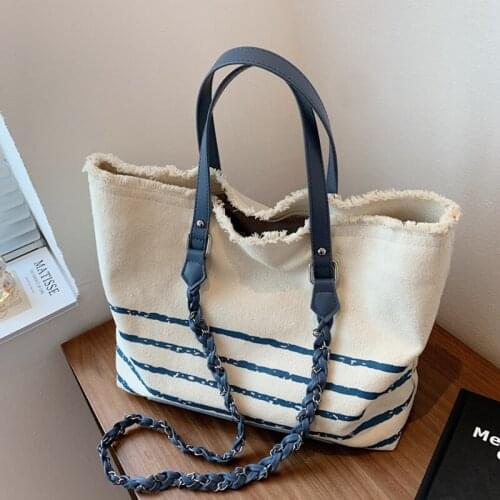 High Capacity Handbags For Women 2021 Luxury Brand Stripe Canvas Shoulder Shopper Bag Big Shopping Travel Totes Sac A Main