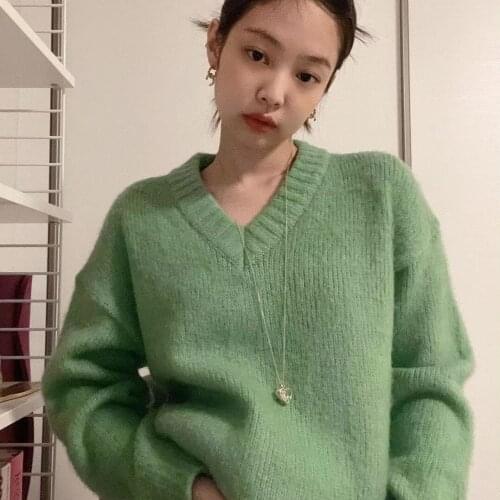 Kpop Korean Celebrity Streetwear Oversized Green Wild Sweaters Womens Casual Autumn Warm Knit Pullovers Fashion Loose Knitwear