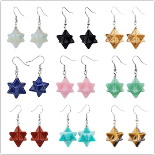 FYJS Unique Silver Plated Merkaba Star Point Lapis Lazuli Drop Earrings Rose Pink Quartz Jewelry