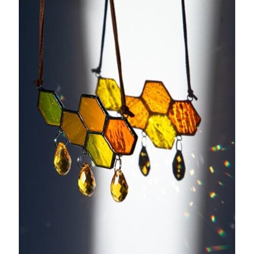 H&D Bee Honeycomb Stained Glass Pendant Rainbow Window Hangings Sun Catcher Ornament Home Garden Decoration Gift for Friends Mom
