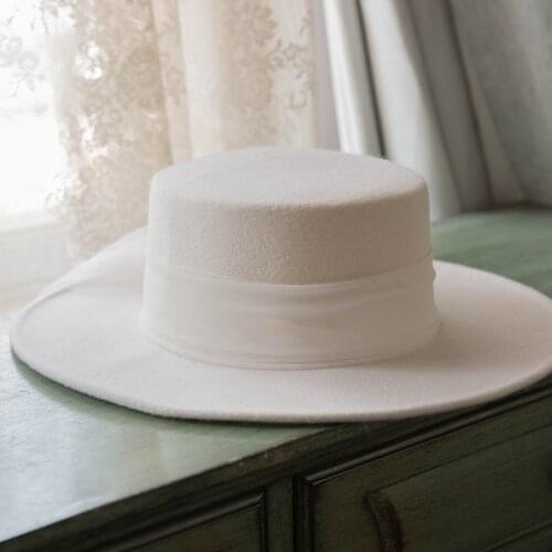 High End Australian Wool Felt Flat Jazz Hat For Women Long Veil Gauze White Wedding Hat Autumn WInter Ladies White Wool Sombrero