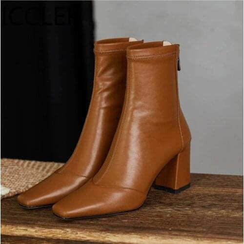 New 2020 simple PU womens boot back zipper square high heels solid pointed toe shoes party ball ankle boot black white brown