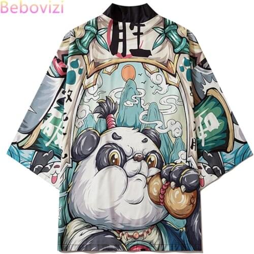 Women Japanese Yukata Pants Female Men Asian Clothes Kimono Cardigan Shirt Women Traditional Anime Panda Print Kimono Haori
