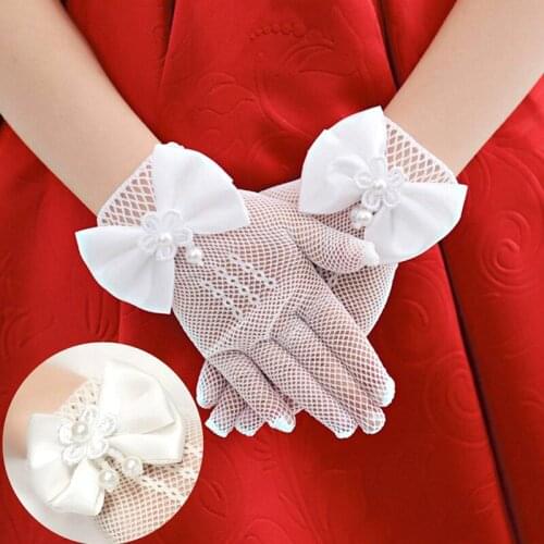 Womens Gloves Childrens Lace Mesh Bow Pearl Glove Girl Birthday Ceremony Coronation Accessories Party Supplies Princess Gift