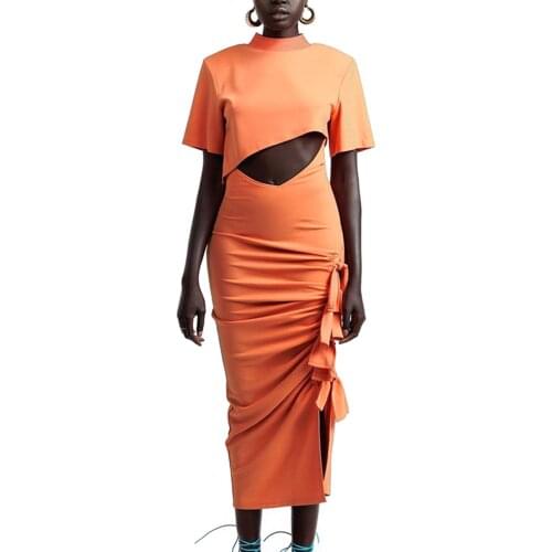 New Women Spring Summer Fashion Two Sets Of Solid Color Irregular Crop T-shirt And High Waist Slit Skirt