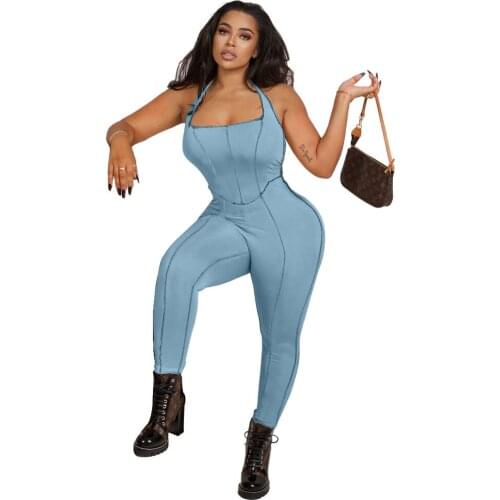 Hot Summer Streetwear Blue Jumpsuit Women 2021 One Piece Outfit Sleeveless Backless Halter Jumpsuits Bandage Bodycon Jumpsuit